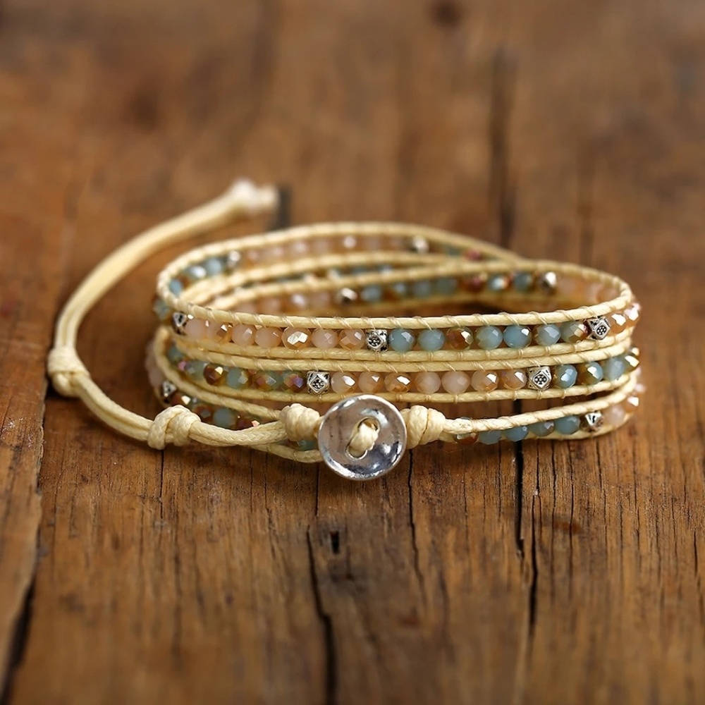 Crystal beaded multi layer leather bracelet